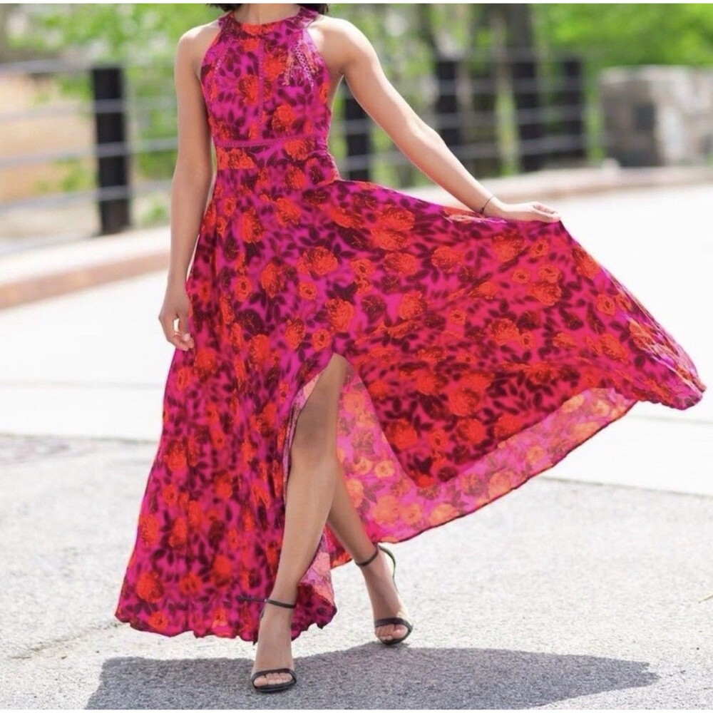 Abel The Label Anthropologie Charlotte Maxi Dress Small Purple Red Floral Boho